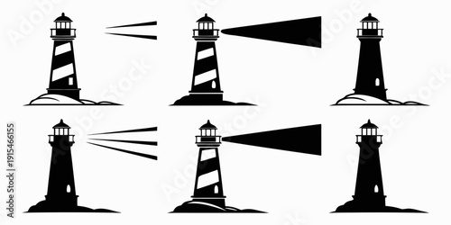Lighthouses with beams of light illuminating the sea in a black and white illustration Vector