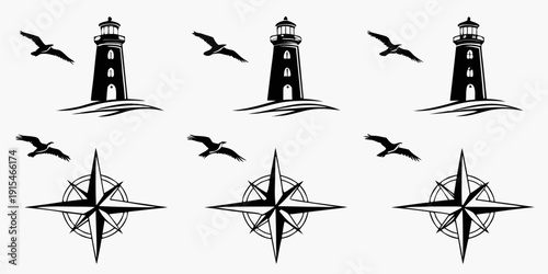 Vintage compass and lighthouse illustrations with birds in flight Vector
