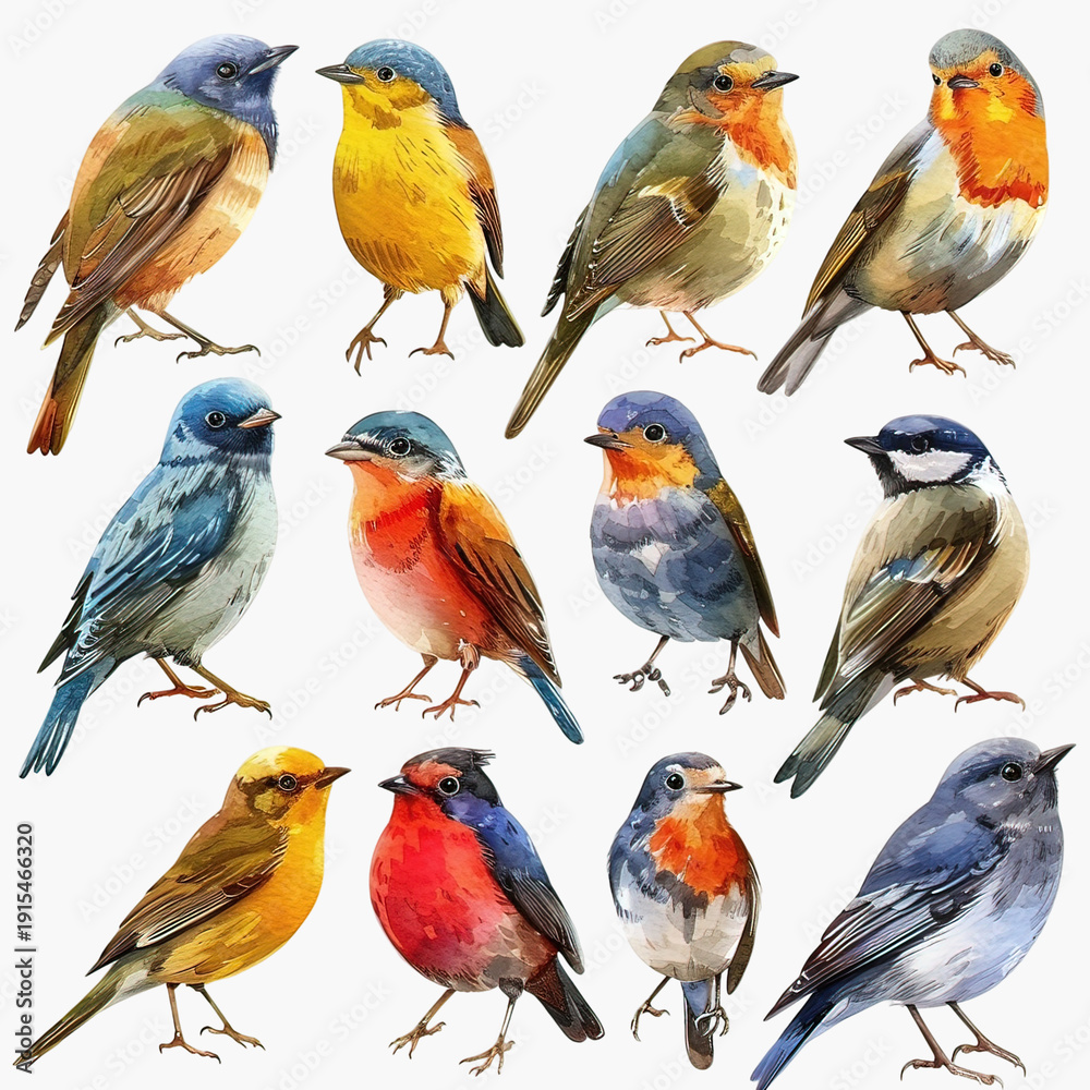 Fototapeta premium Collection of Various Colorful Birds Standing.