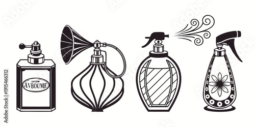 Assorted perfume bottles displayed in a row with different designs and shapes Vector