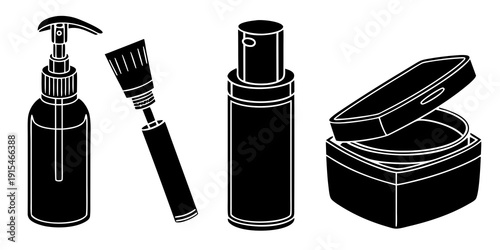 A collection of elegant black perfume bottles and a compact Vector