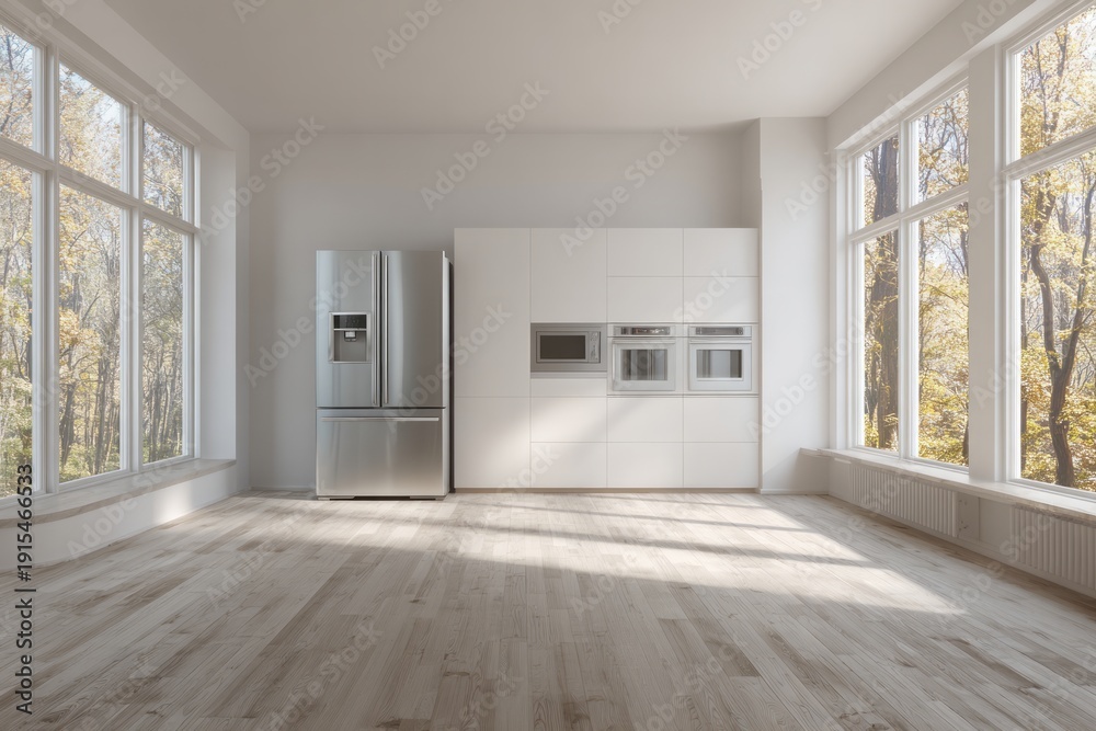 Fototapeta premium Modern kitchen area features stainless steel appliances and expansive windows overlooking an autumn scene