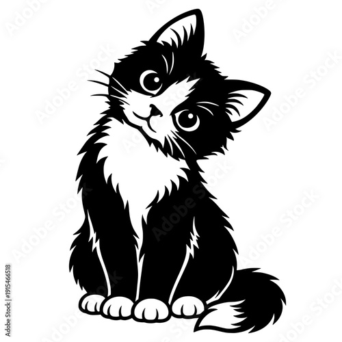Cute Tuxedo Cat Sitting With Tilted Head, Adorable Pet Illustration, Playful Kitten Character, Bold Black And White Silhouette Graphic