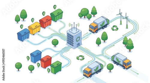 Isometric Smart Waste Management System Vector with Recycling Trucks, Sorting Bins, Data Hub, and Wind Turbines for Sustainable City Logistics and Green Technology Concepts.