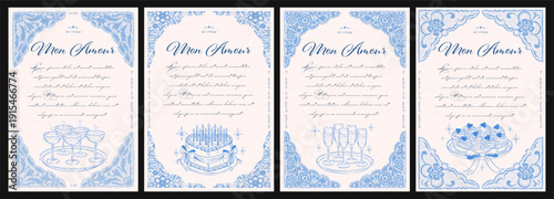 Vintage coquette blue lace cards set with elegant wedding elements birthday cake champagne cupcakes on retro paper background.