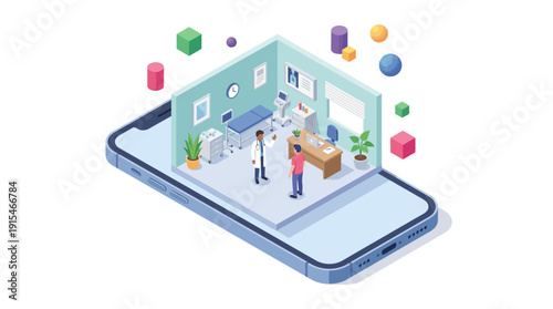 Isometric Telemedicine Concept with Doctor and Patient in Digital Clinic on Smartphone Screen, illustrating Online Healthcare, Mobile Medical App, and Virtual Consultation Technology