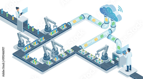 Isometric Smart Hospital SaaS and Pharmaceutical Automation illustration with cloud computing data flow, robotic manufacturing conveyor belt, and medical supply chain logistics.