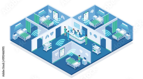 Isometric Smart Hospital Interior with Wireless Connectivity and Medical Staff, Blue Vector Illustration for Healthcare SaaS, Digital Patient Monitoring, and Modern Clinic Management Systems