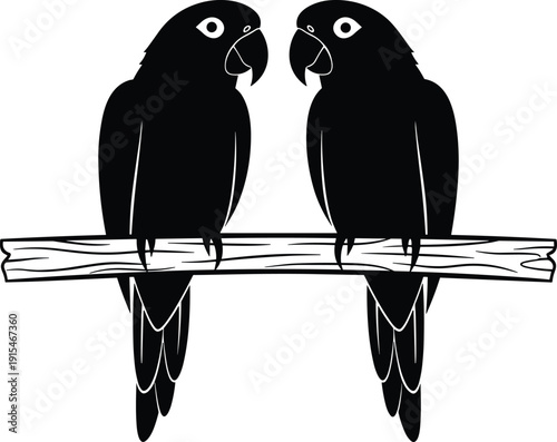 Black vector silhouette of two tropical parrots sitting on a wooden branch facing each other for exotic nature branding bird pet shop and wildlife design