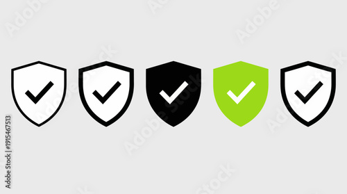 Set of five shield icons with check marks in different colors (white, black, green) representing security, verification, approval, and trust.
