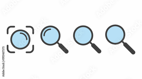 Row of four blue magnifying glass icons illustrating search, discovery, and analysis in a modern UI design context