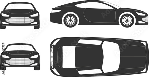 Modern luxury sports car vector illustration set, multiple views including front, side and top, sleek coupe silhouette isolated on light background