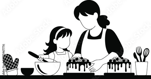 Mother and daughter baking cake together, family kitchen activity, homemade dessert preparation, parenting bonding moment, cooking lesson for child, vector illustration lifestyle scene