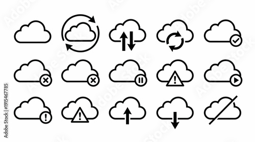 Set of cloud icons for data storage, synchronization, upload and download, with alerts - a versatile vector outline icon pack for cloud computing and online storage