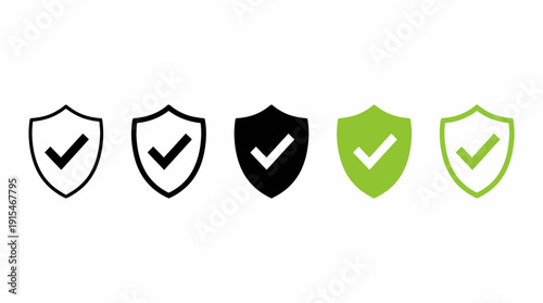 Five shield icons with checkmarks representing security, verification, and trusted protection in a vector illustration.
