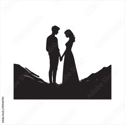 sunset couple vector silhouette line art logo concept illustration