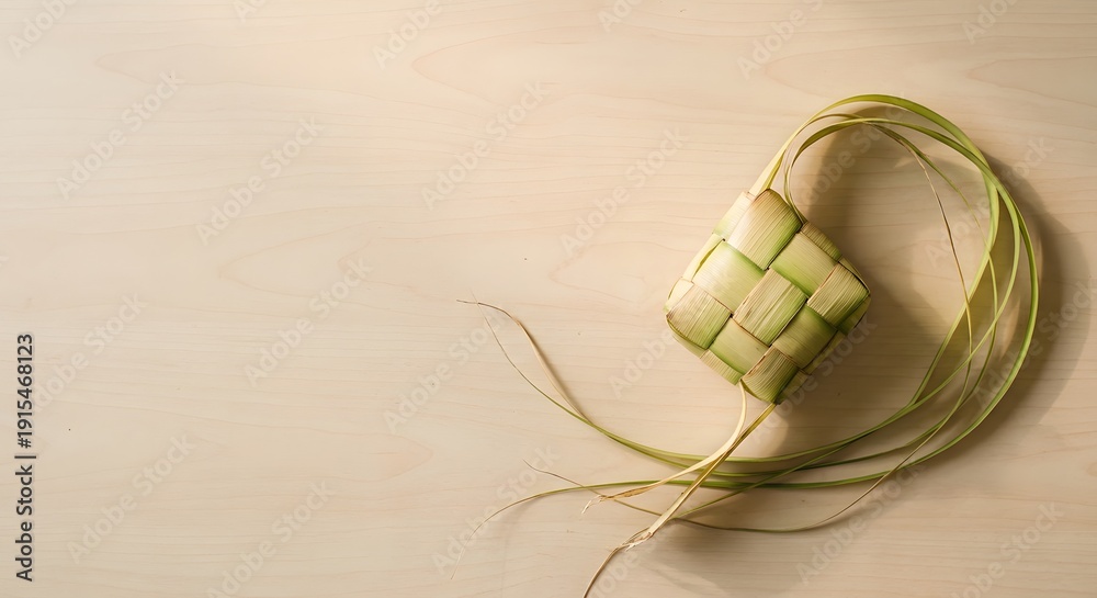 Fototapeta premium Traditional Indonesian Ketupat rice dumpling woven from young coconut leaves on a minimalist wooden table. Natural window light with copy space for Ramadan and Eid Al-Fitr design concepts.