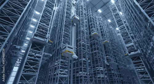 Automated warehouse interior with tall racks, robotic cranes, and a modern industrial aesthetic