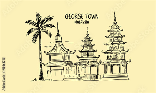 Sketch of George Town Malaysia with Pagodas and Palm Tree temples architecture