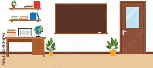 School classroom interior with blackboard teacher desk bookshelves globe and door flat vector illustration