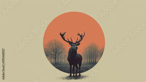 Minimal Deer Silhouette Inside Soft Sunset Circle