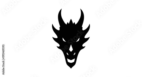 Black Silhouette of a Fierce Dragon Head with Horns.