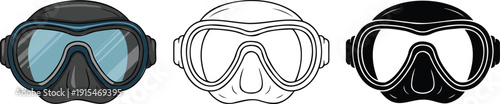 Scuba diving mask silhouette & Outline and illustration set isolated on transparent background