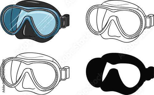 Scuba diving mask silhouette & Outline and illustration set isolated on transparent background