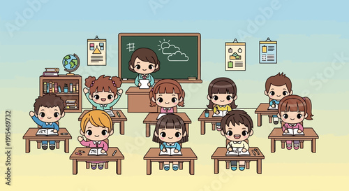 Elementary school children actively participating in a bright and engaging classroom lesson, fostering a love for learning with their dedicated teacher