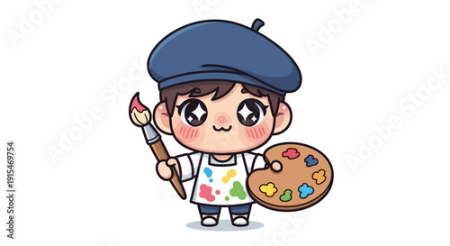 Adorable cartoon painter character with beret, brush, and vibrant palette, inspiring creativity