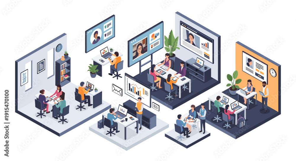 Fototapeta premium A focused professional woman working on a tablet in a modern office setting, ideal for business and productivity themes.
