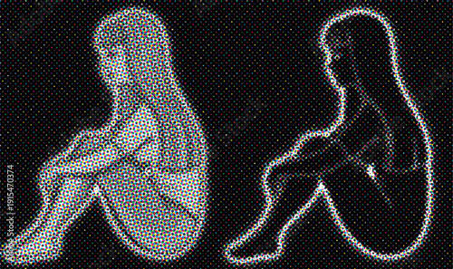 Sad girl sitting hugging knees outline silhouette illustration on dark background isolated PNG with Transparent Background