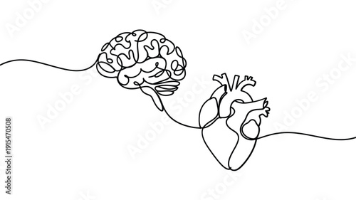 A lone hiker walks towards distant mountains in a continuous line drawing