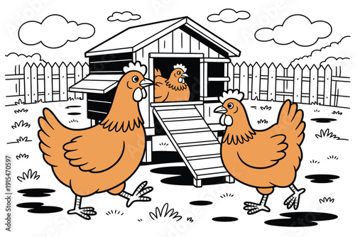 Friendly chickens gather around a charming coop in a sunny farmyard setting.
