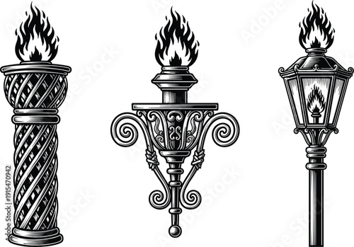 Black and white vector illustration set of vintage torches and ornate street lamps with flames for historical lighting retro branding and classical decorative design