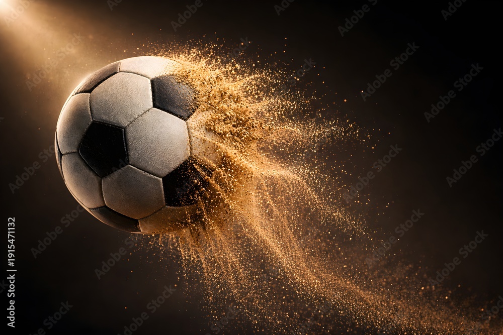 Fototapeta premium Soccer ball kicking up golden dust in dramatic dark background for sports action and energy concept