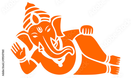 Ganesha Hindu god icon in orange with elephant head in relaxed reclining pose, traditional Indian religious symbol for spiritual design, festivals and cultural celebrations