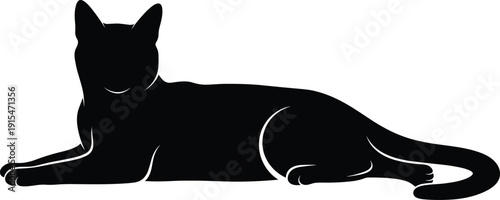 Black vector silhouette of a domestic cat lying down in a relaxed pose for pet care veterinary animal shelter feline companion and home branding design