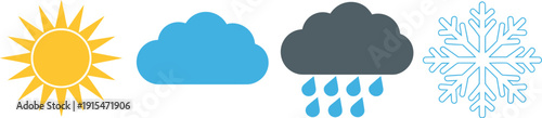 A graphic illustration of various weather conditions on a white background
