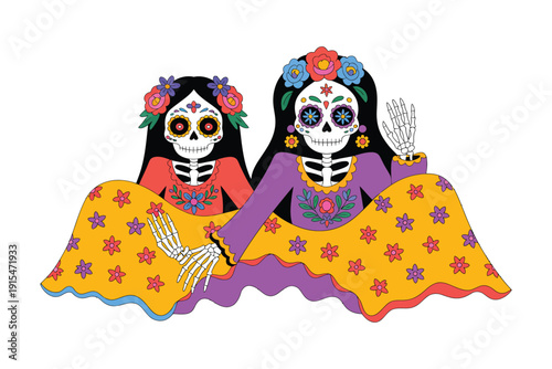 Two colorful skeletons dressed as women with floral headdresses wave hello, celebrating Day of the Dead.