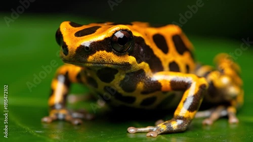 Vibrant yellow and black poison dart frog on green leaf