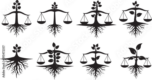 Balance and Growth Icons with Scales and Roots