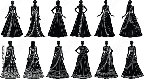 Black vector silhouette set of elegant Indian women in  