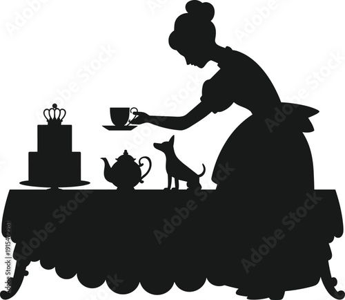 Vintage tea party silhouette vector illustration, elegant woman serving tea with cake teapot and cat on table, classic afternoon tea scene isolated background