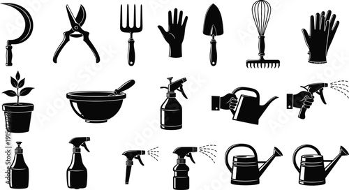 Black vector silhouette set of gardening tools including watering cans spray bottles pruners and hand forks for horticulture backyard landscaping and nursery branding design
