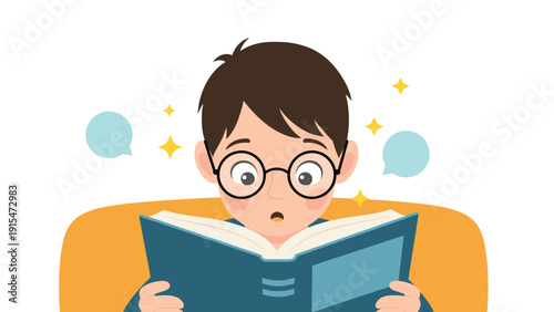 Cute boy with round glasses looks surprised and engaged while reading an exciting book, with speech bubbles and magical sparkles floating around him.