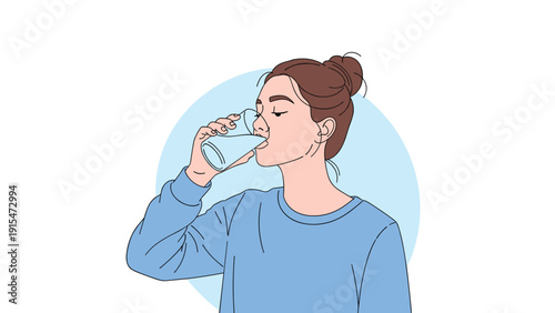 Young woman with a bun in a blue sweatshirt drinks refreshing water from a glass with closed eyes, promoting hydration and well-being on an abstract blue background.