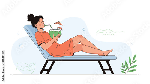 Young woman relaxing peacefully on a comfortable lounge chair, sipping a refreshing coconut cocktail, embodying the blissful essence of a tropical vacation.