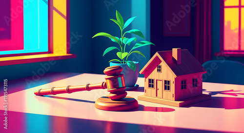 Vaporwave illustration of bamboo gavel and sustainable house model