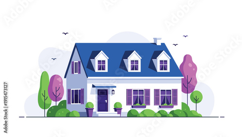 Charming blue and white house with vibrant purple window shutters, beautifully nestled amidst lush green and purple trees and bushes, under a soft sky.
